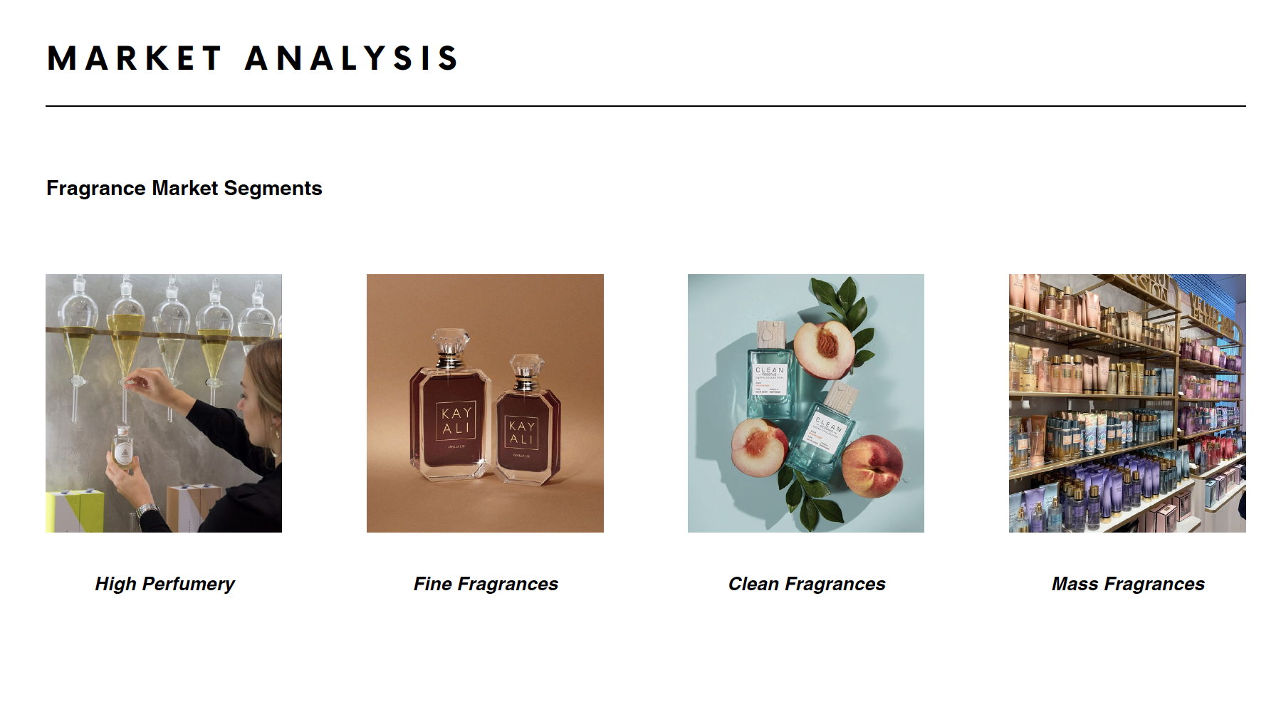 Fragrance market segmentation — high perfumery, fine fragrances, clean fragrances, mass fragrances. The Row positions in clean fragrances against a saturated category.